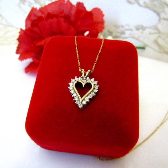 Jewelry - Diamond Heart Pendant Necklace Solid 10k Yellow Gold Genuine Natural Real